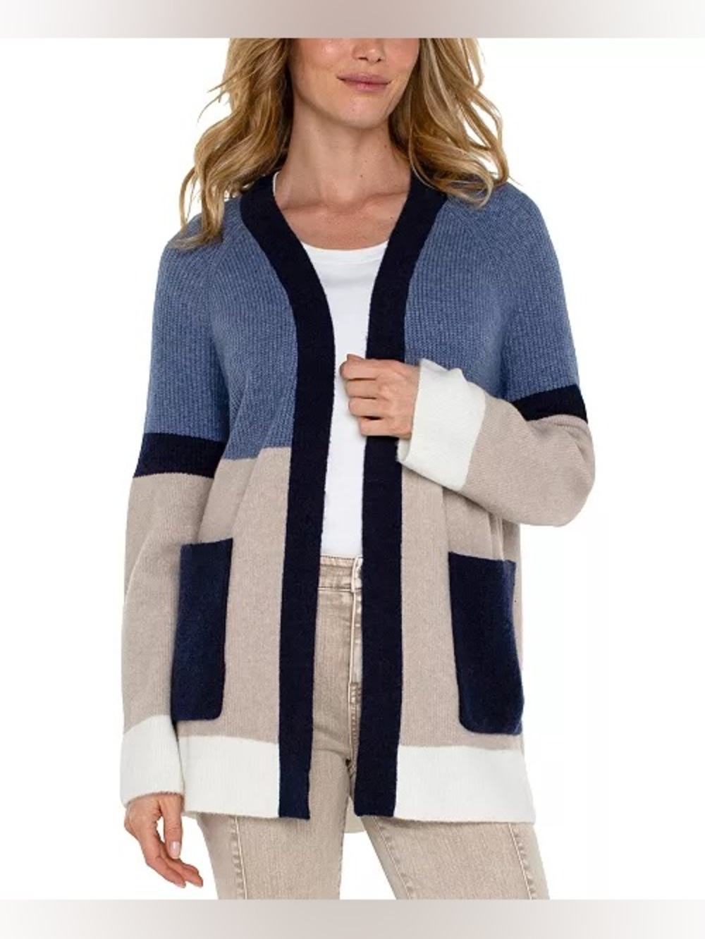 Liverpool Colorblock Open-Front Cardigan in Blue, Beige & Navy Wool Blend
